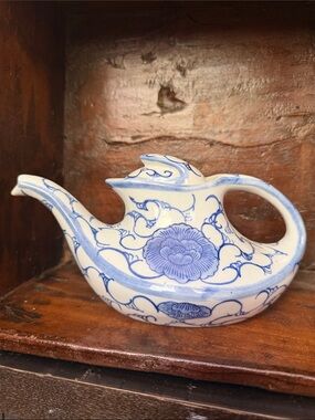 Vintage Blue and White Floral Ceramic Teapot made in China lotus flower